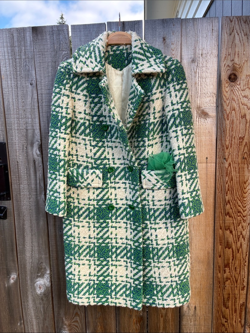 Vintage Green & Cream Plaid Wool-Blend Long Coat